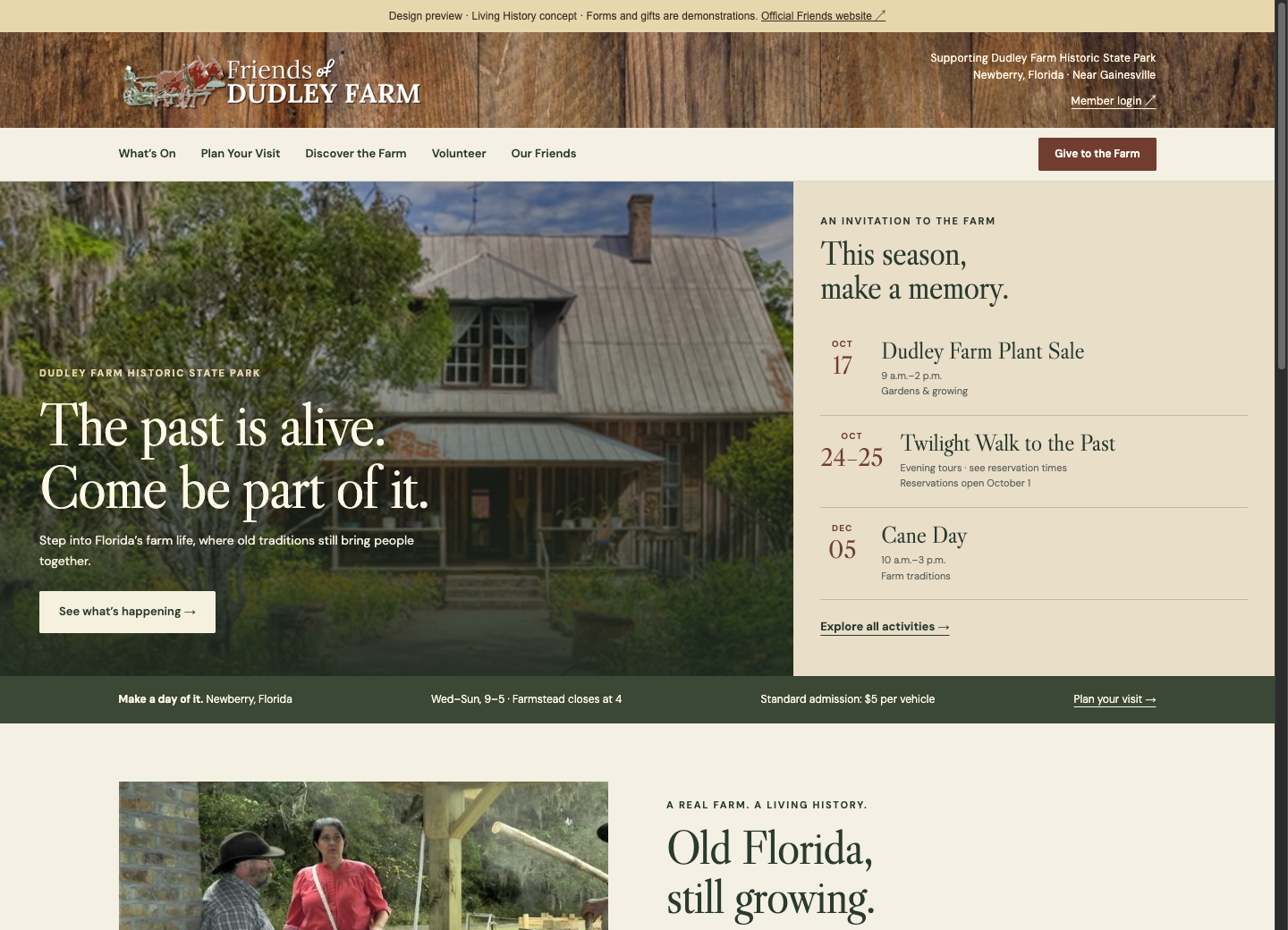 Dudley Farm website prototype showing the farm, visitor information, and upcoming activities