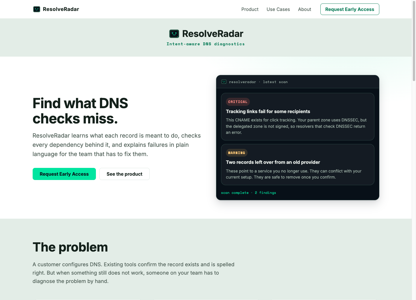 ResolveRadar website explaining intent-aware DNS diagnostics and example scan findings