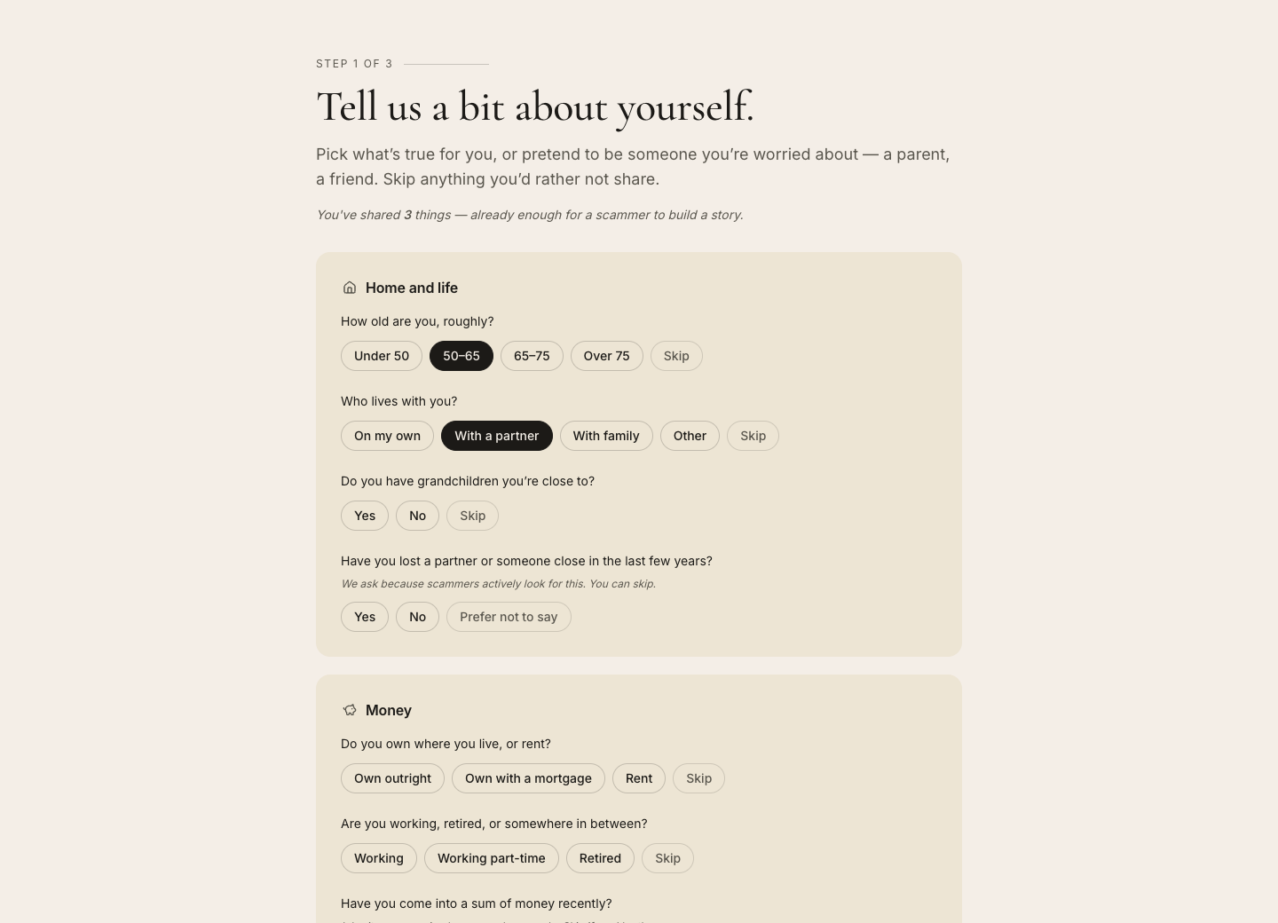 Shadow Data application prototype with plain-language questions, selectable answers, and a running count of shared details